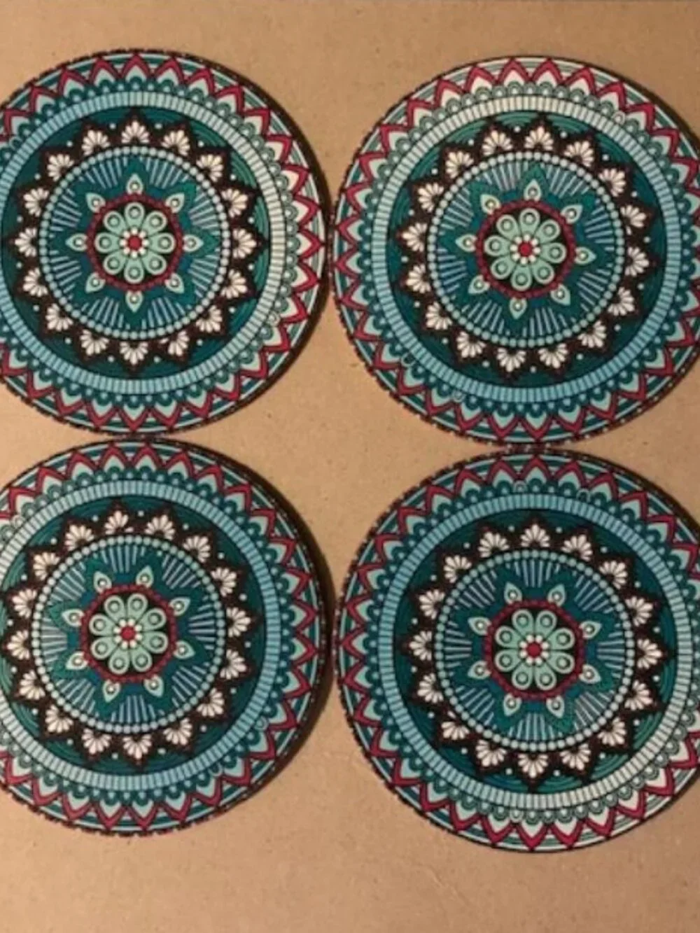 Wooden 4 pc Stained Glass Mandala Coaster Set Geometric Pattern India 103